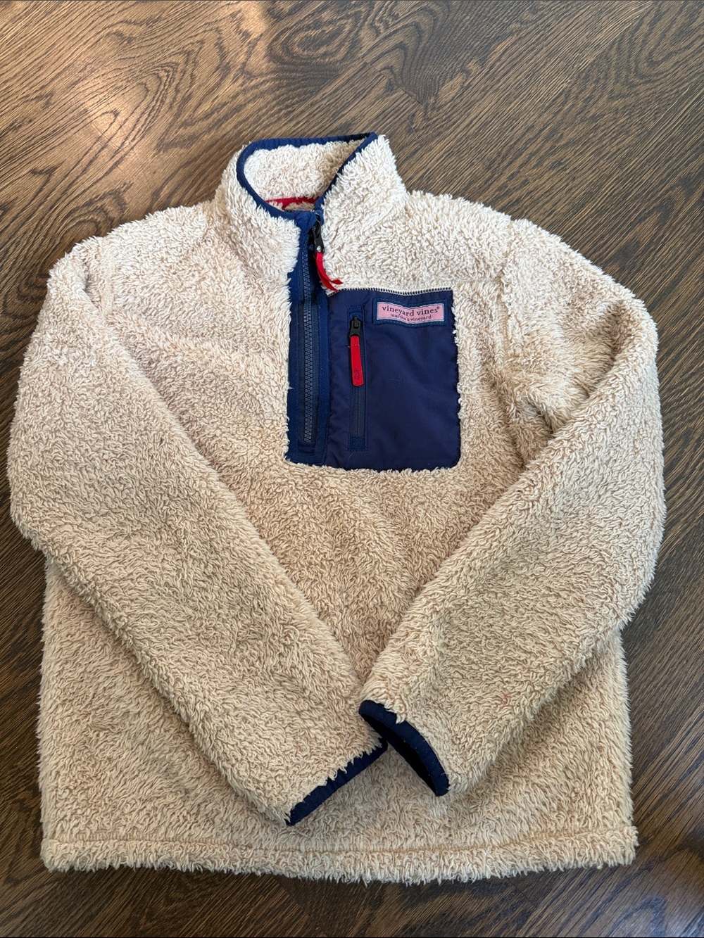 Vineyard Vines Kids Tan Sherpa Pullover with Navy Chest Pocket